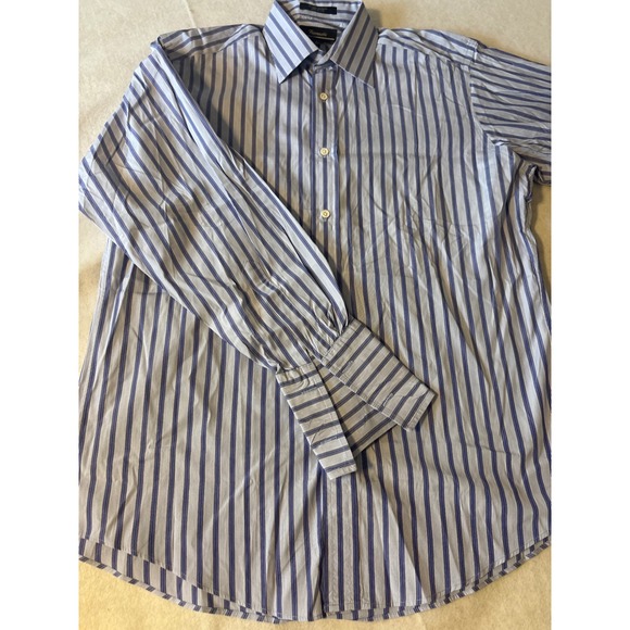 Faconnable Striped Button Down Shirt Mens 16.5 L Blue White Cotton Made in USA - Picture 2 of 8